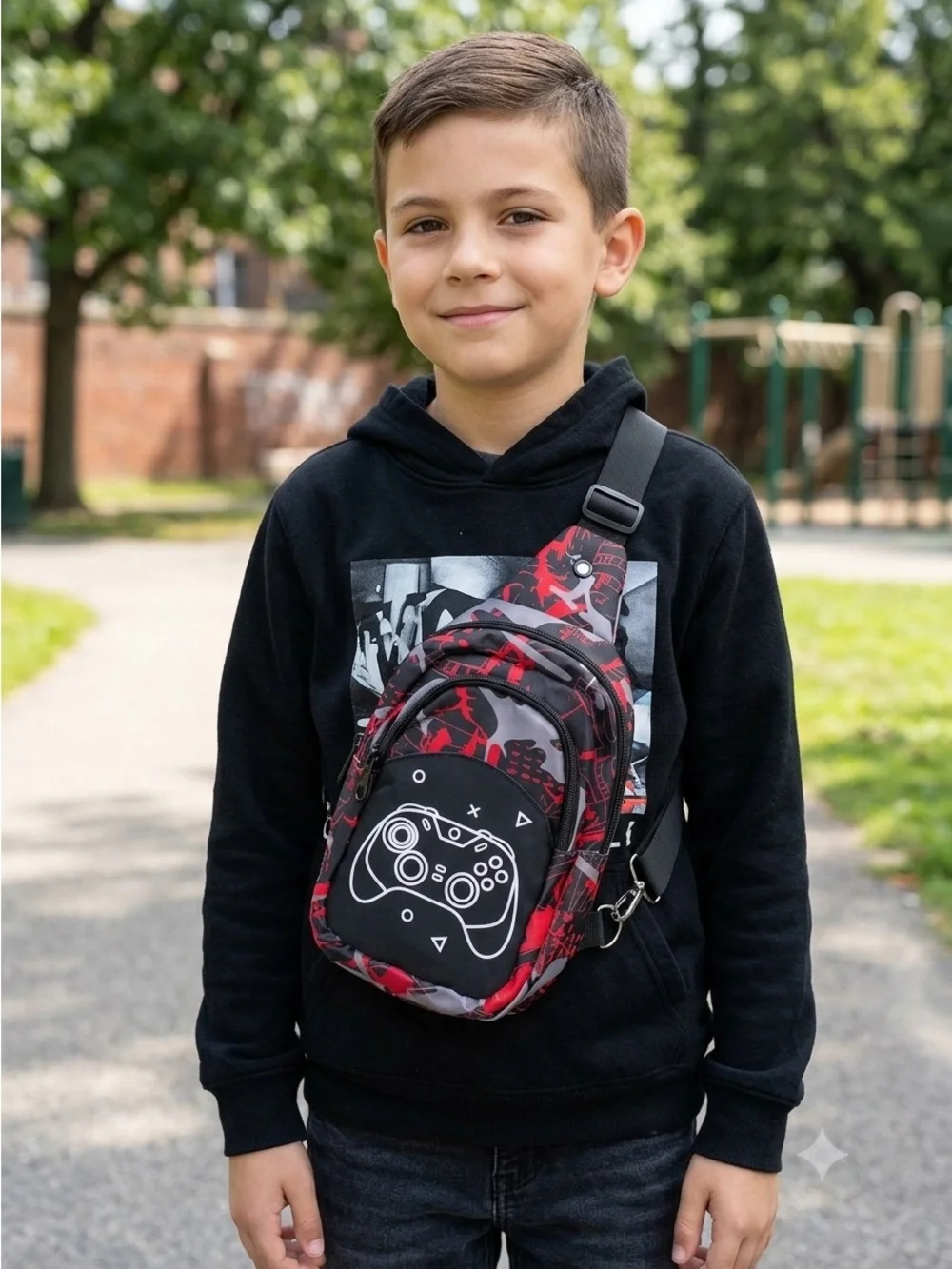 Kids Unisex Red & Black Gamer Sling Bag - Unbranded